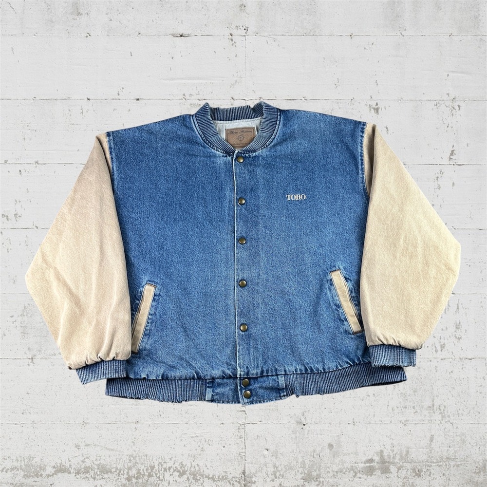 Three Rivers Denim Varsity Jacket Mens XL Blue Tan Toro Made in USA Snap Bomber
